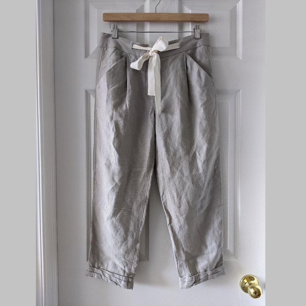 Aritzia Wilfred Allant Cropped Linen Blend Trousers with silk tie, Ashen, Size 2